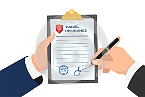 Businessman signing travel insurance policy claim form. Safe traveling signed agreement contract protect tourist life