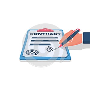 Businessman signs a contract. Clipboard with documents