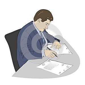 Businessman signs documents isolated on white background