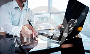 Businessman signs an e-document on digital tablet with a pen mouse on virtual notepad.E-signing, electronic signature, document