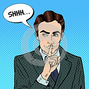 Businessman Silent Quite Gesture with Finger. Mystery Secret. Pop Art