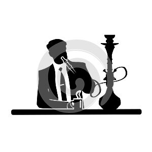 Businessman silhouette of a man in a suit and tie resting in a comfortable armchair with oriental hookah. Vector illustration.