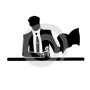 Businessman silhouette of a man in a suit and tie on white background. A break from success.