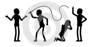 Businessman silhouette, office worker with whip, knelt, pointing