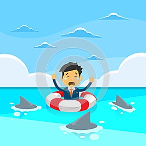 Businessman Sing Sea Water Lifebouy Sharks Around