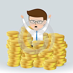 Businessman sinking in a pile of gold coins