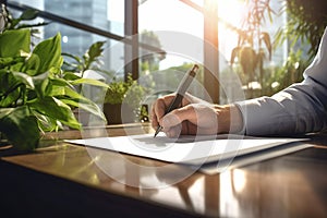 Businessman sits at a table and signs a legal document. Making a legal agreement or signing a contract in office. Generative AI