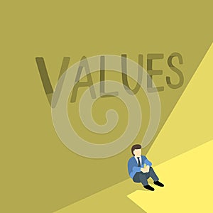 Businessman sitting against yellow wall with VALUES word