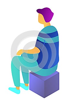 Businessman sitting back view on a cube isometric 3D illustration.