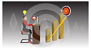 A businessman is sitting on a chair facing a working computer screen. vector contains characters and infographic charts