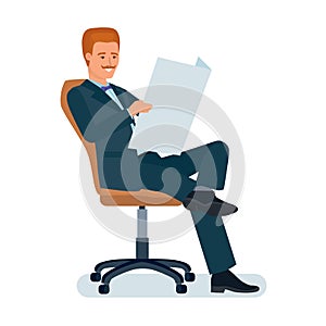 Businessman sitting in chair holding newspaper in hands and reading.