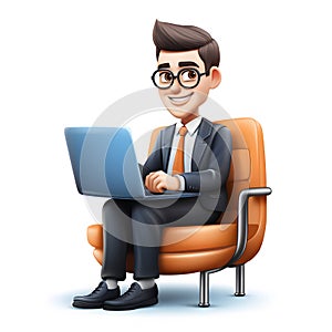 businessman sitting in a chair with laptop 3d cartoon on a white background