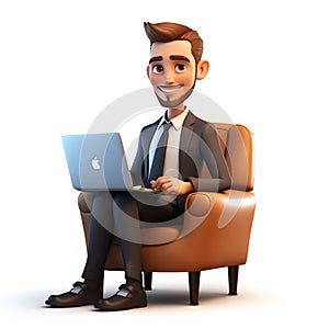 businessman sitting in a chair with laptop 3d cartoon on a white background