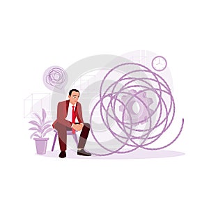 Businessman sitting in a chair trying to untangle tangled threads. The process of solving complex problems.