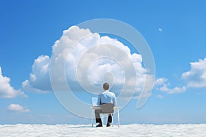 businessman sitting on cloud, working with laptop, back view , Generated AI