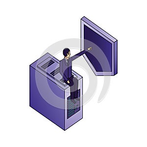 businessman sitting on databse and pointing shield