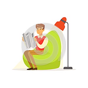 Businessman sitting in green armchair and reading newspaper vector Illustration