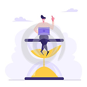 Businessman Sitting on Hourglass with Laptop in Hands. Business Process Concept, Time Management, Procrastination