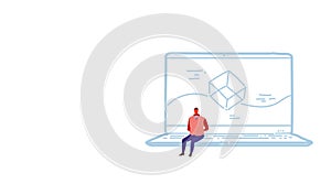 Businessman sitting laptop computer app development concept screen interface application design male developer sketch