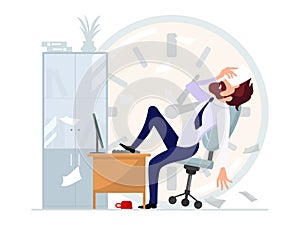 Businessman sitting leaning back in office chair with his foot on computer desk. Job burnout.