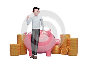 businessman sitting leaning on pink pig piggy bank celebrating clenching hands