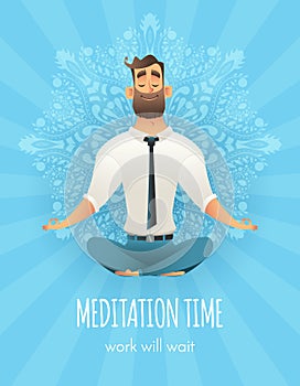 Businessman sitting in a lotus pose. Manager meditation of mandala pattern on background. The concept of business yoga