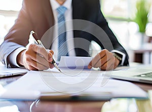 Businessman sitting at office desk signing a contract close up