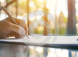 Businessman sitting at office desk signing a contract close up