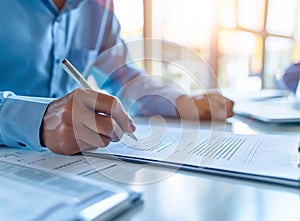 Businessman sitting at office desk signing a contract close up