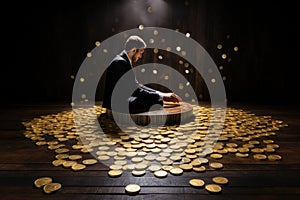 Businessman sitting on a pile of gold coins and looking at the spotlight, Man puting golden coins on a board representing multiple