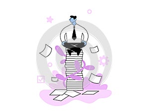 Businessman sitting on a pile of papers. Office routine, paperwork. Concept flat vector illustration, isolated on white