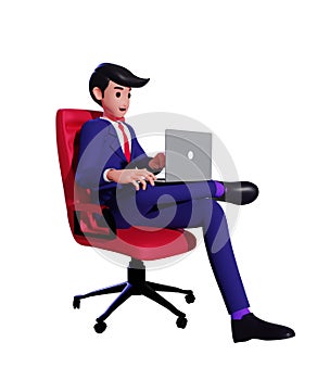 Businessman sitting on a red chair office and working with his laptop 3d illustration
