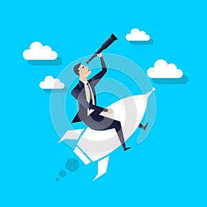 Businessman sitting on an rocket and looking through spyglass, business concept. vector illustration