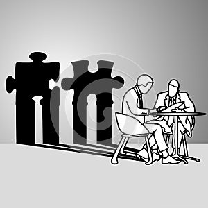 businessman sitting with the shadow of conflict jigsaw puzzle vector illustration doodle sketch hand drawn with black lines