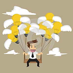 Businessman sitting swings bulb idea, brainstorm