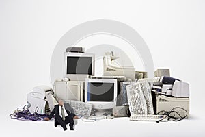 Businessman Sitting By Various Obsolete Technologies