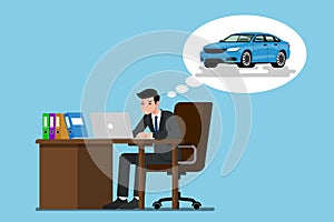 A businessman sitting and working seriously with his laptop. He thinking of the future that he want to have his own blue car, but