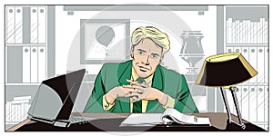 Businessman sitting at workplace. Stock illustration.