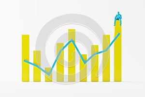 Businessman sitting on yellow high bar graph on white background