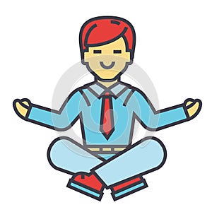 Businessman sitting in yoga pose, business meditation, corporate office worker relaxation concept.
