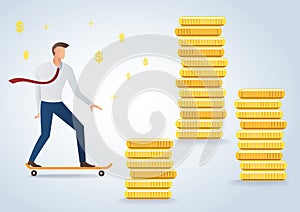 Businessman on skateboard and gold coins background vector