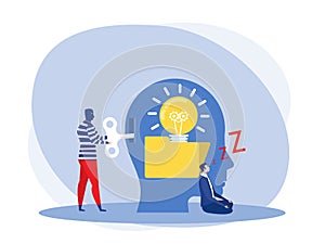 Businessman sleeping or Tired creating an idea with Man steal idea from unlock a bulb concept Vector flat illustration