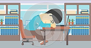 Businessman sleeping on workplace.