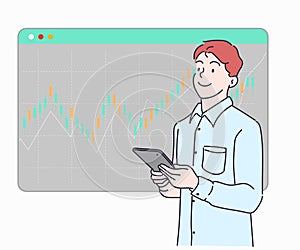 Businessman with smart tablet in hands analysing stock market changes.