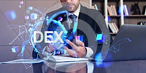 Businessman with smartphone and laptop, DEX and earth globe hologram