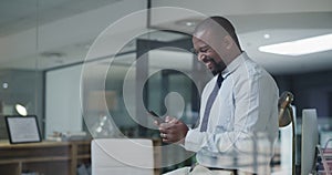 Businessman, smartphone and laughing for funny message in office, online conversation and humor. Black male person