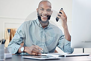 Businessman, smartphone and office with smile in portrait for business with client calls or research. Communication
