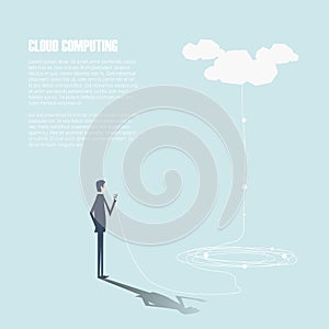 Businessman with smartphone sending data to cloud computing storage. Technology vector background.