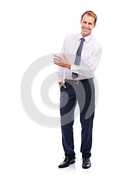 Businessman, smile portrait and manager standing in white background for success motivation. Corporate man, happy and