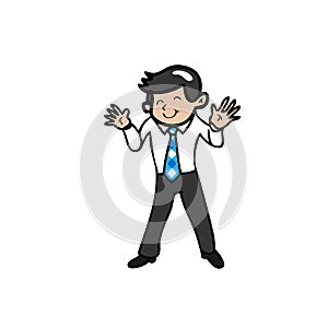 Businessman smiles and waves his hands